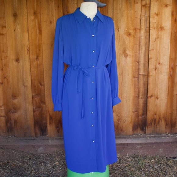 Vintage I. Magnin Blue Long Sleeve Midi Shirt Dress Jewel Buttons Woman's Size L - Picture 3 of 16